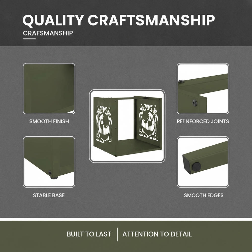 Porta legna verde oliva, 40x40x40 cm, in acciaio laminato a freddo – robusto e resistente, ideale per esterni, giardino e camino, pratico e durevole