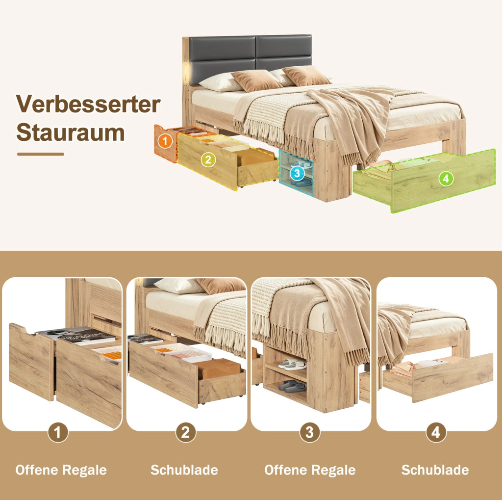 Letto ULEVR 140x200 cm con cassetti, vani estraibili, luce notturna LED, USB e USB-C, naturale