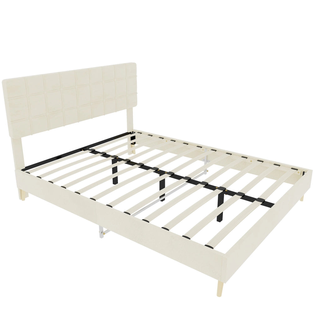 Letto matrimoniale grigio scuro in tessuto con testiera imbottita a quadri beige 140x200 cm, senza materasso
