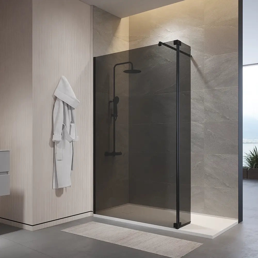 Doccia walk-in 120cm + anta 30cm vetro temperato anticalcare 10mm fumé profili neri | Naxos