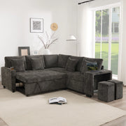 Divano angolare letto L, 5 posti con pouf contenitore, tessuto chenille grigio, USB e USB-C, braccioli larghi, con cuscini inclusi