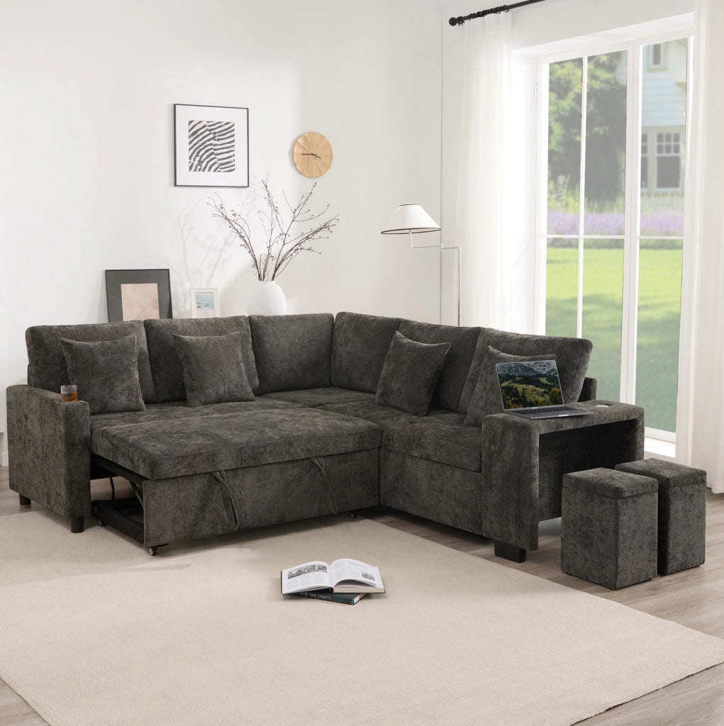 Divano angolare letto L, 5 posti con pouf contenitore, tessuto chenille grigio, USB e USB-C, braccioli larghi, con cuscini inclusi