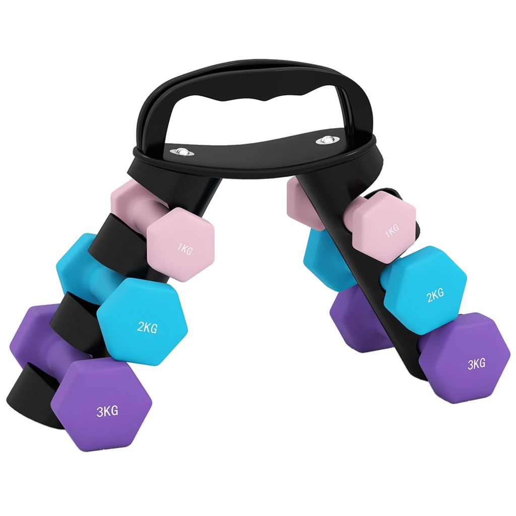 Set di manubri esagonali ¨C Minimal ¨C 2x1 kg, 2x2 kg, 2x3 kg con supporto