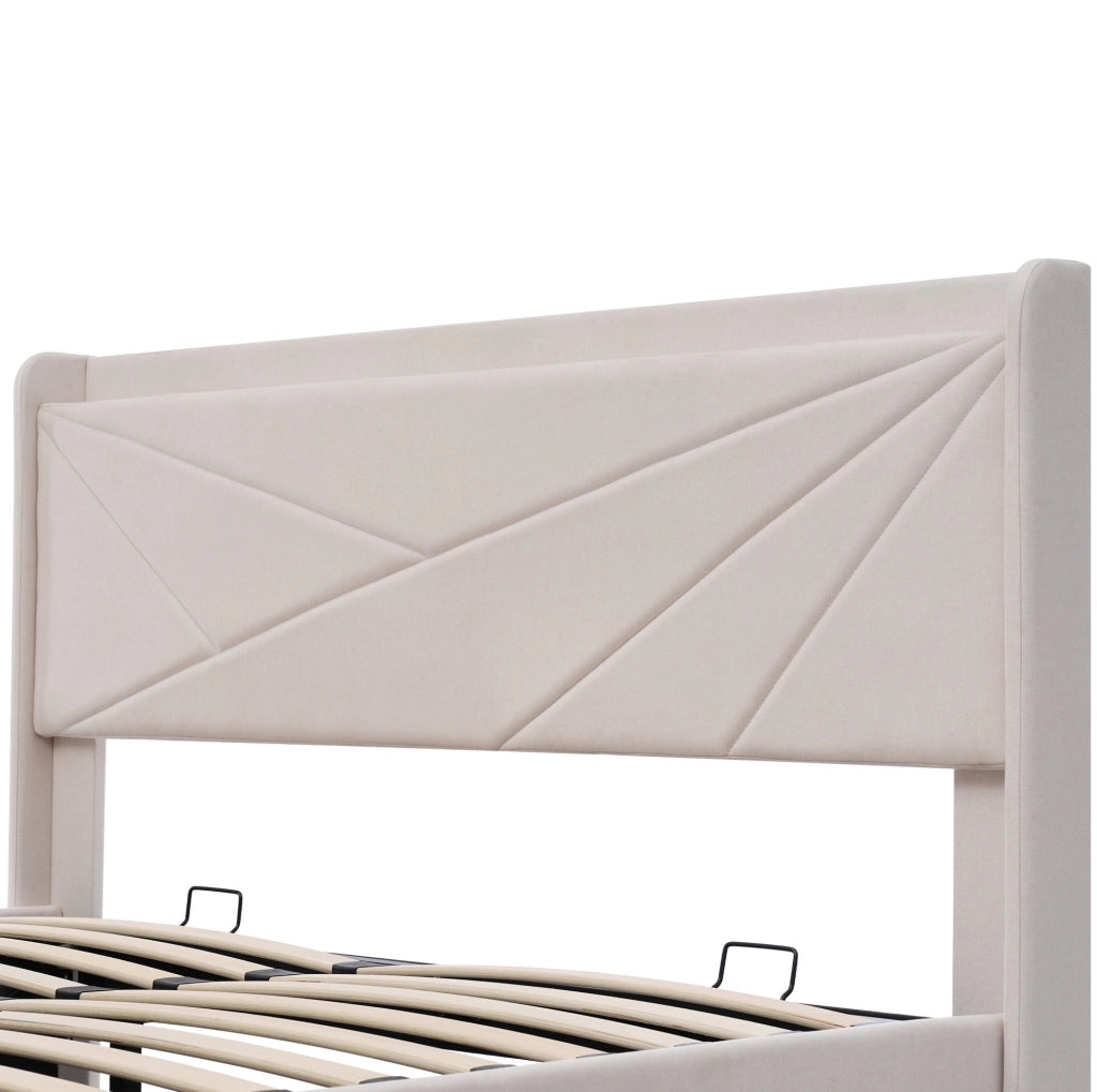 Letto matrimoniale contenitore beige 140x200 con testiera imbottita e porte di ricarica integrate