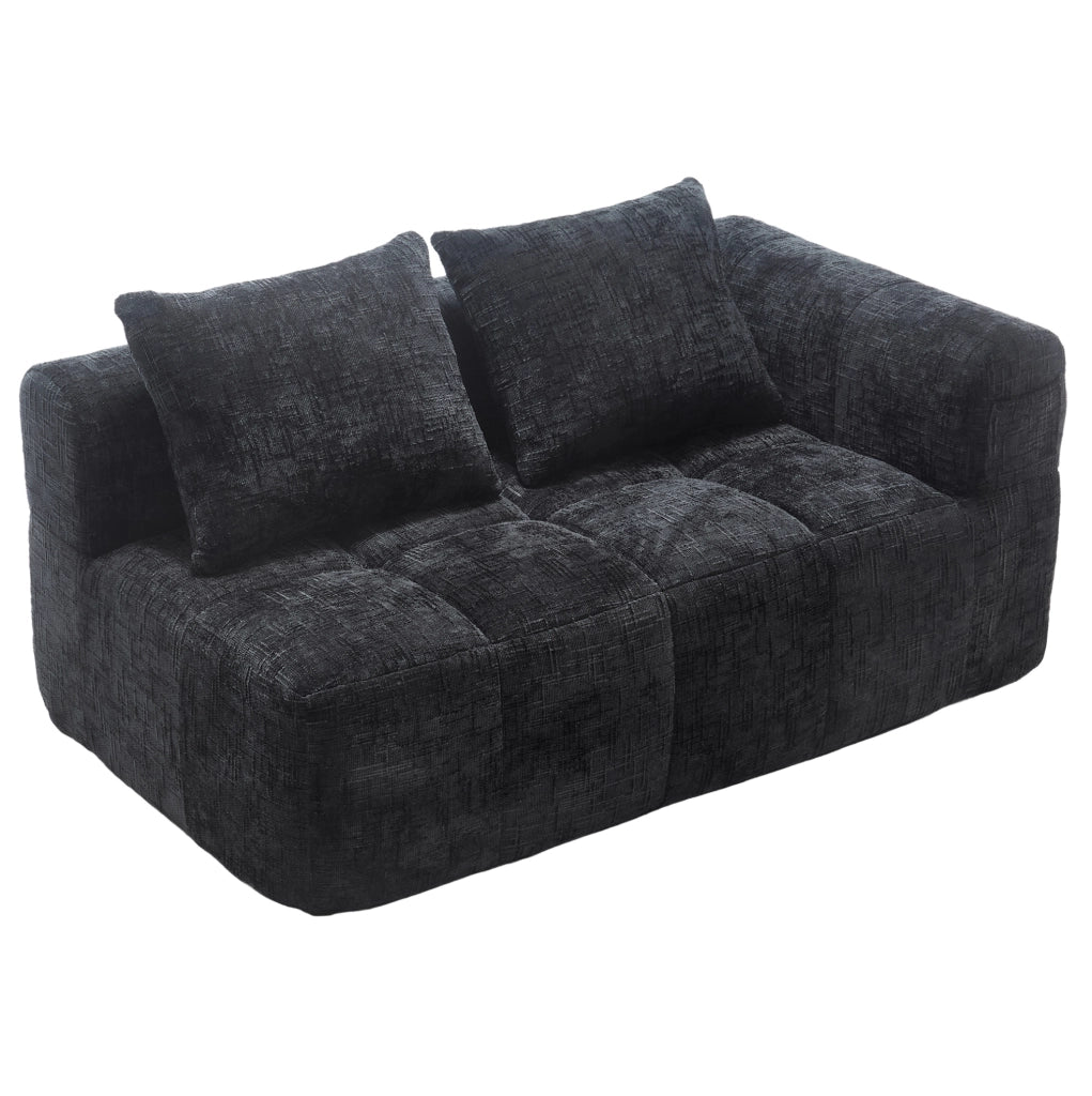 Divano comodo per 2 persone con chaise longue, tessuto chenille nero, cuscino incluso e tasche laterali per telecomando e cellulare