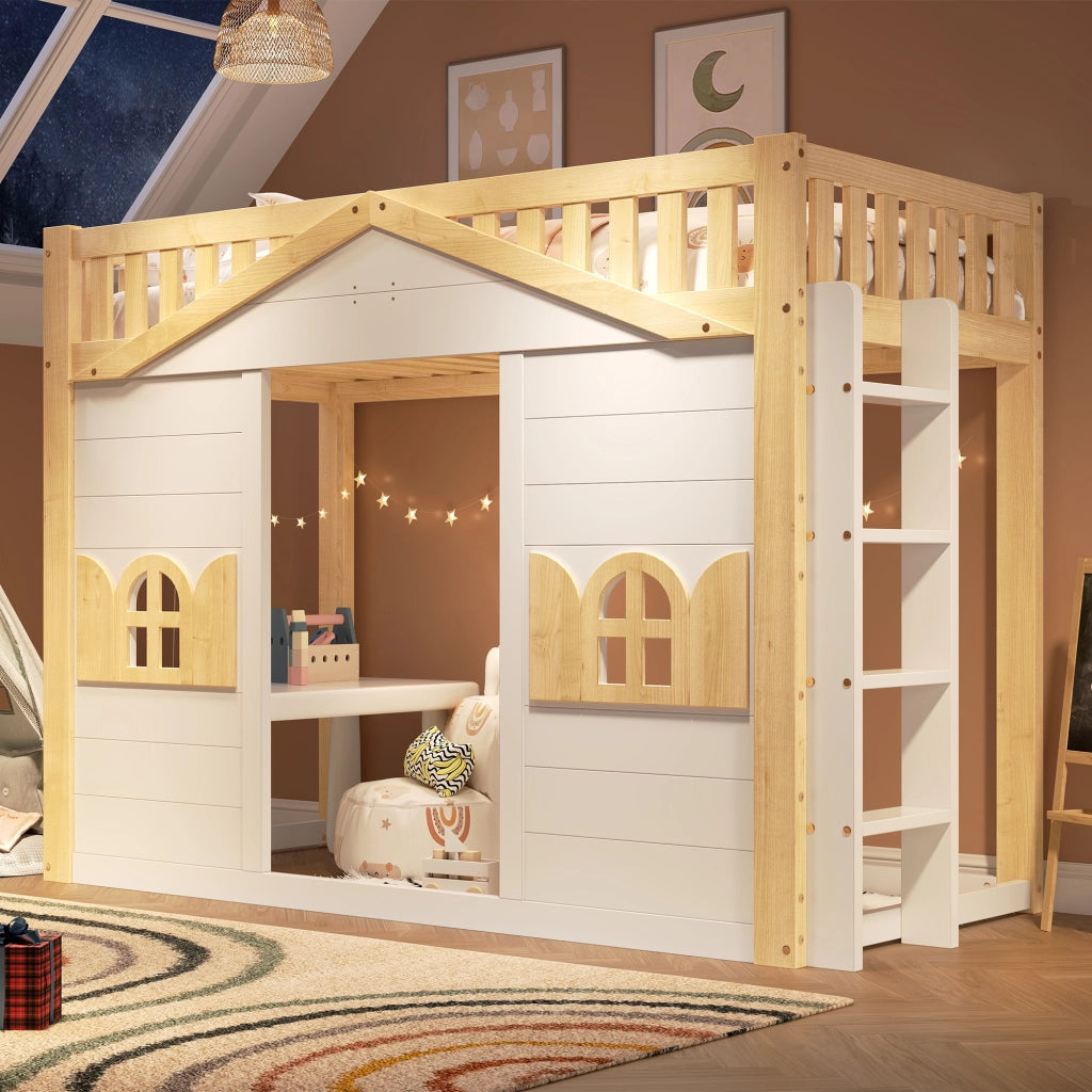 LETTO a soppalco per bambini 90x200 cm in pino bianco con finestra e rete a doghe