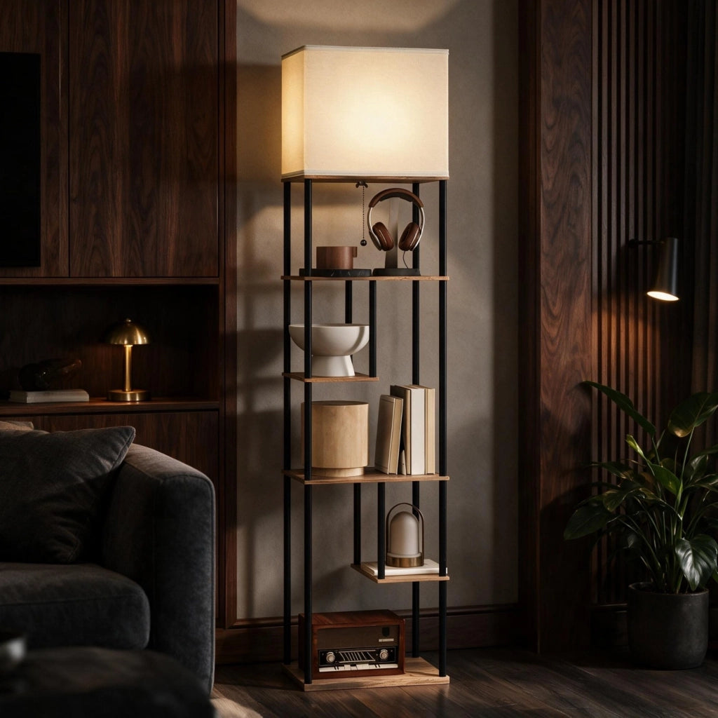 Lampada da terra 40x29x171 cm in metallo e MDF con 5 ripiani, nero-marrone