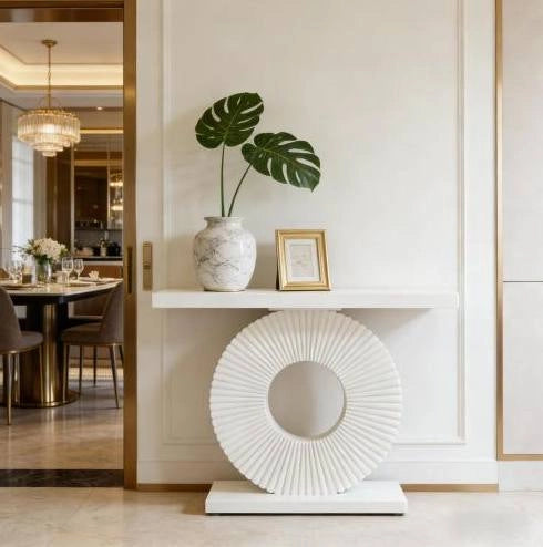 Tavolo consolle bianco in MDF e metallo con base geometrica floreale