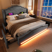 Letto matrimoniale 140 × 200 cm in velluto grigio con 4 cassetti LED USB C e materasso a molle