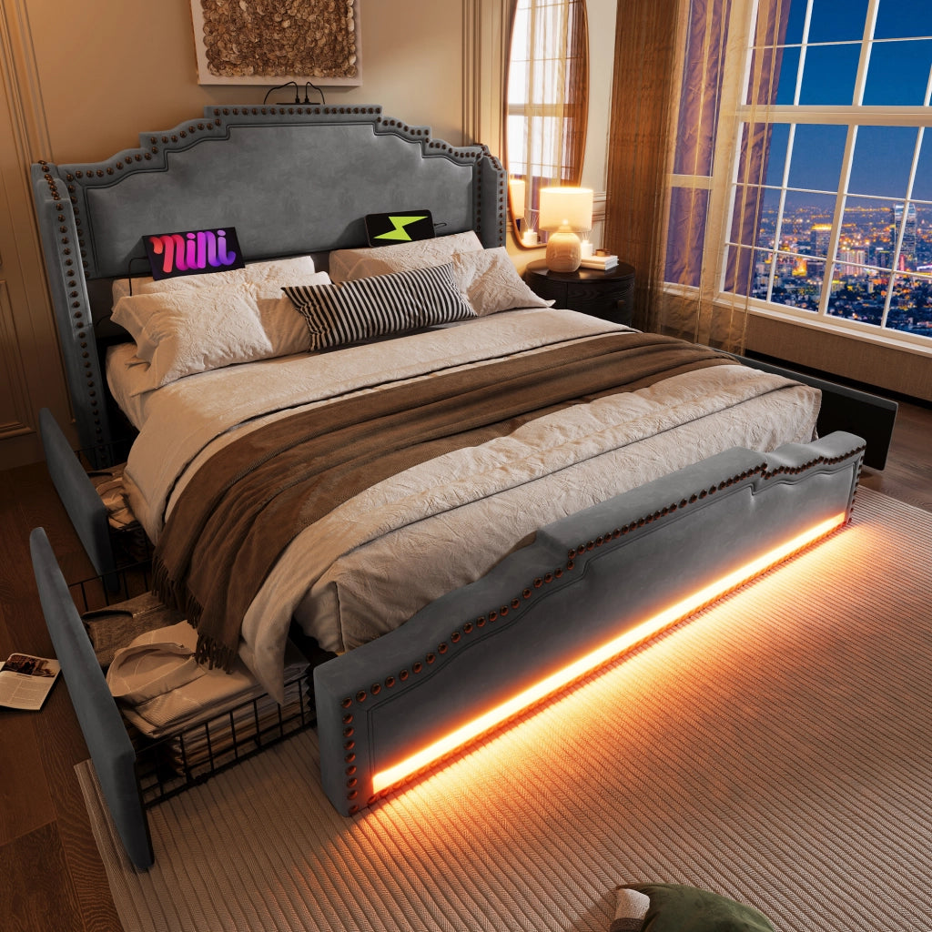 Letto matrimoniale 140 × 200 cm in velluto grigio con 4 cassetti LED USB C e materasso a molle