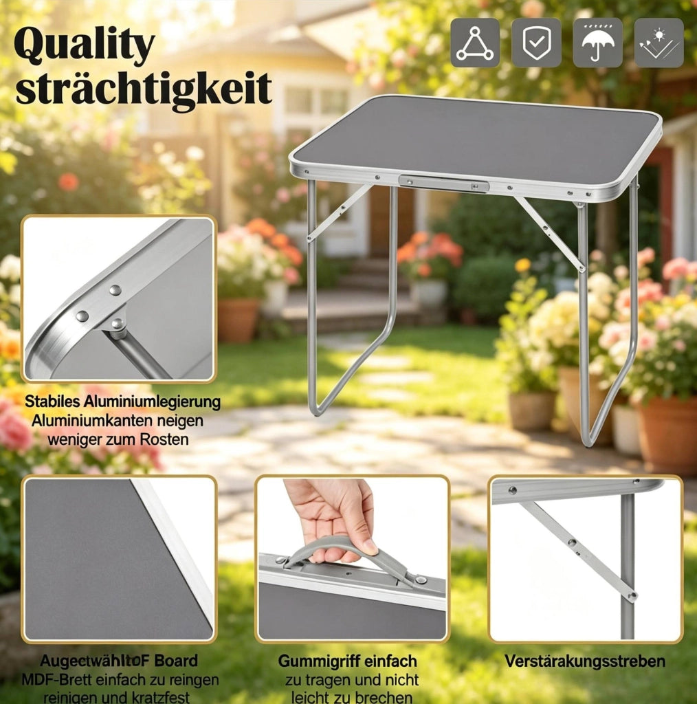 Tavolo Pieghevole Portatile in Ferro e Alluminio 70x60x50 cm Grigio per Campeggio e Attività Outdoor