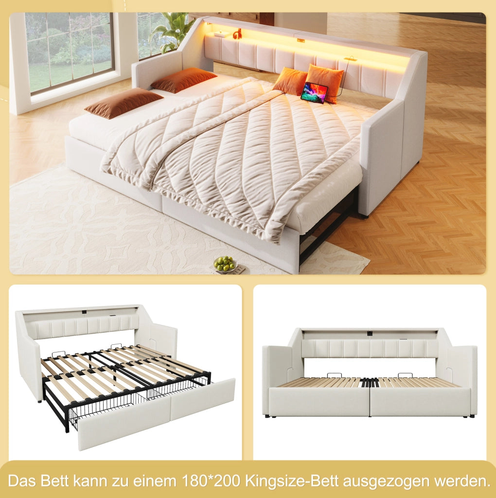 LETTO Estraibile 90x200 cm Beige in lino e MDF con USB e Type-C