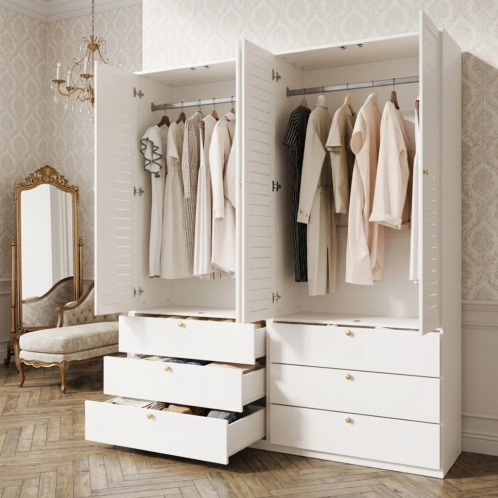 Armadio 4 ante 180 × 50 × 200 cm con 6 cassetti e 2 appendiabiti in pannello truciolare bianco
