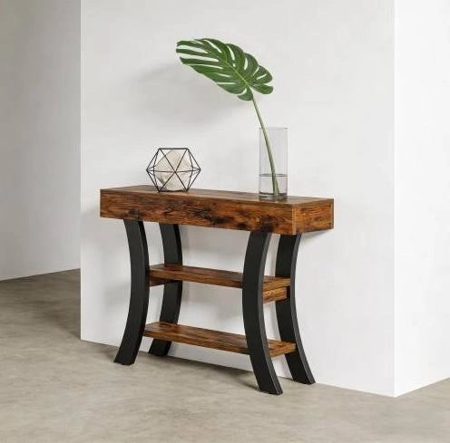 Tavolo consolle 105x30x80 cm con 3 ripiani in MDF e metallo nero e marrone rustico