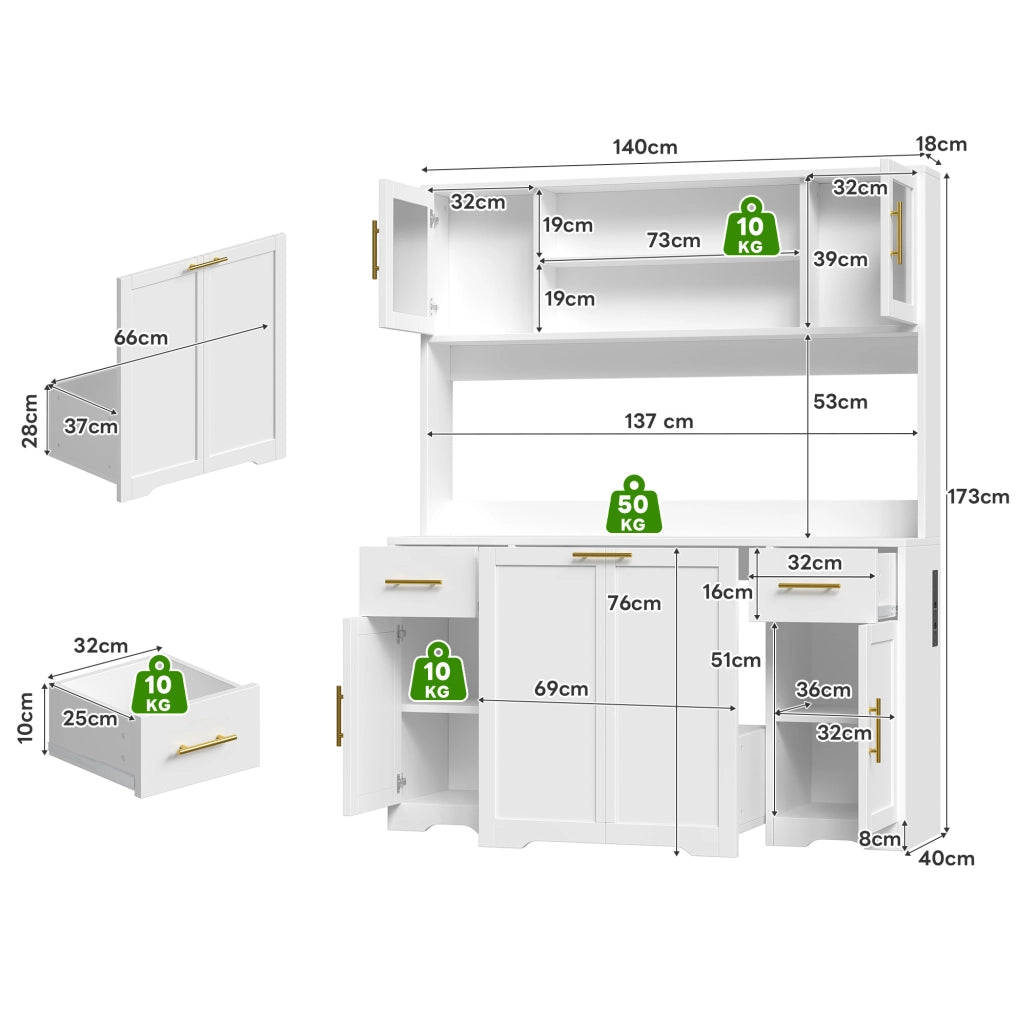 Credenza cucina multifunzionale 140x40x173 cm in MDF bianco con LED RGB e prese