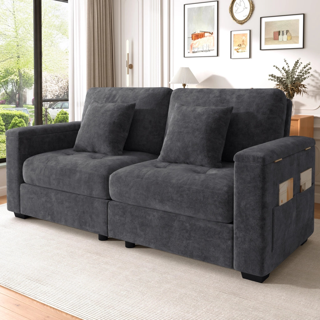 Divano 2 posti con contenitore nei braccioli e tasche laterali in chenille grigio scuro