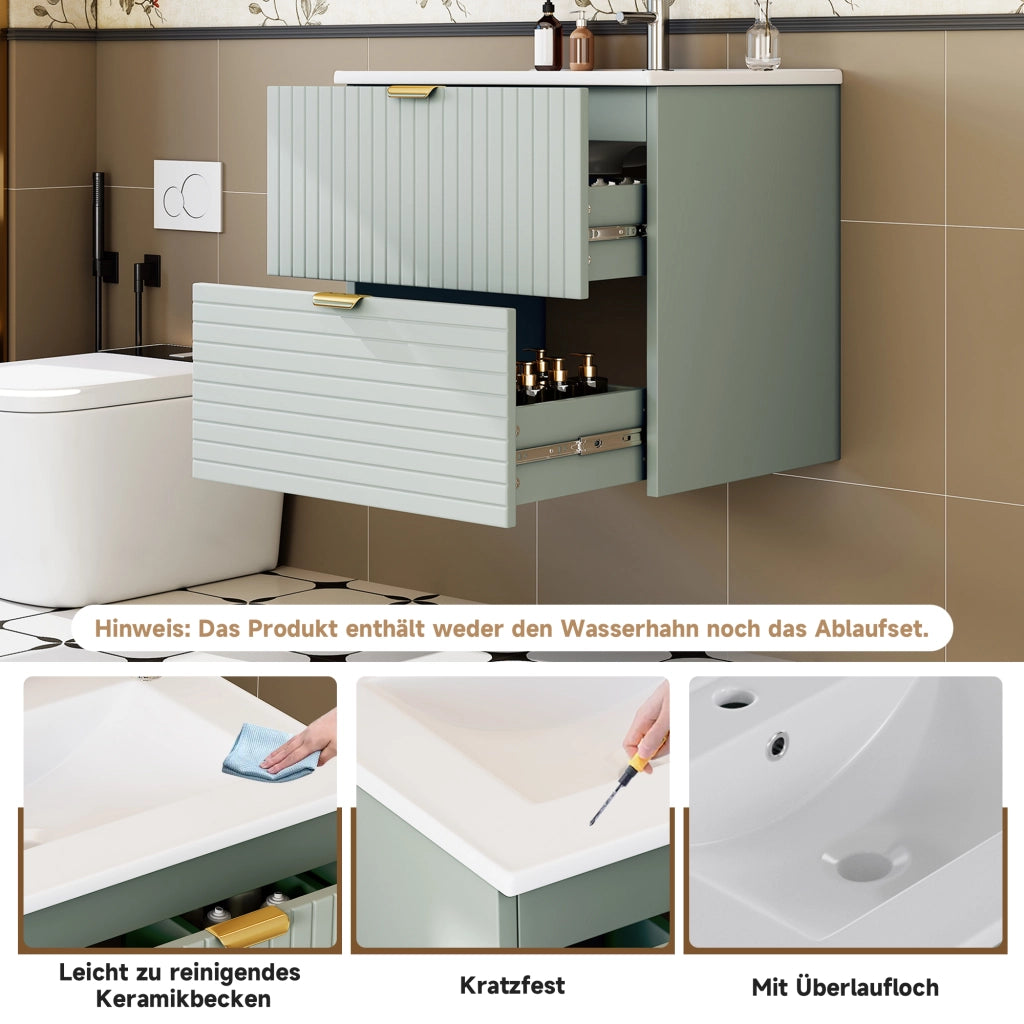 Mobiletto con lavabo sospeso in MDF laccato e ceramica; 2 cassetti ammortizzati verde menta 61 × 46 × 57 cm