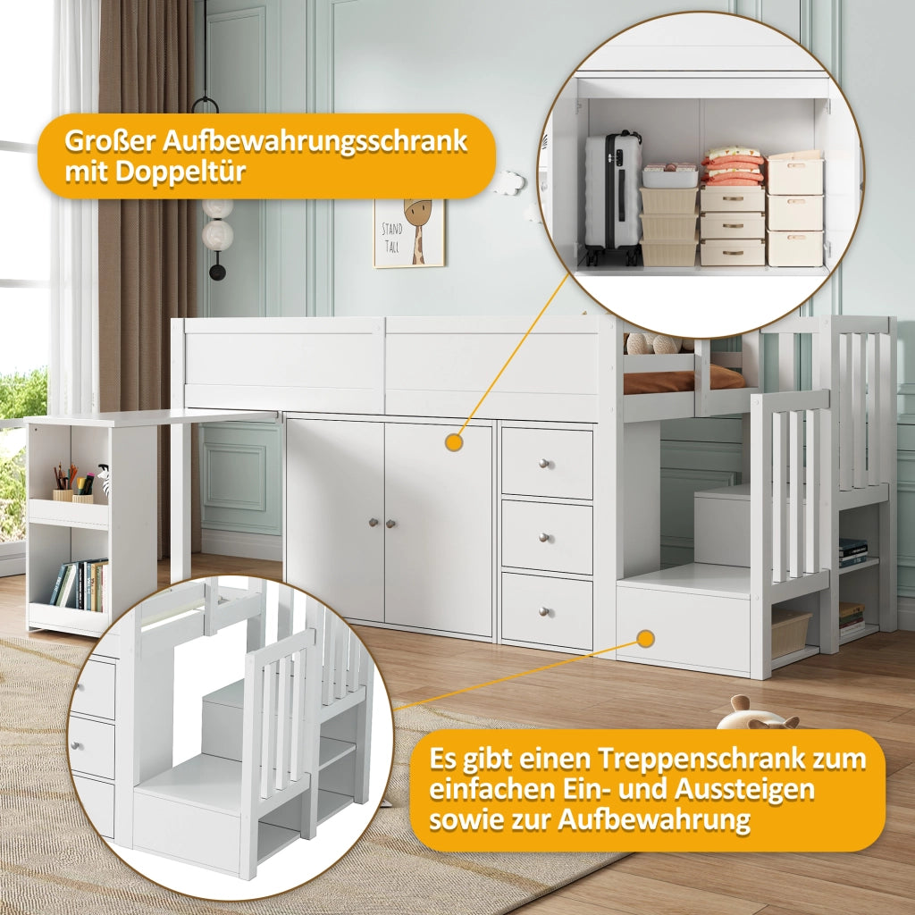 Letto a soppalco 90 ¡Á 200 cm con scrivania scala contenitore armadio cassetti e barriera in legno e MDF bianco