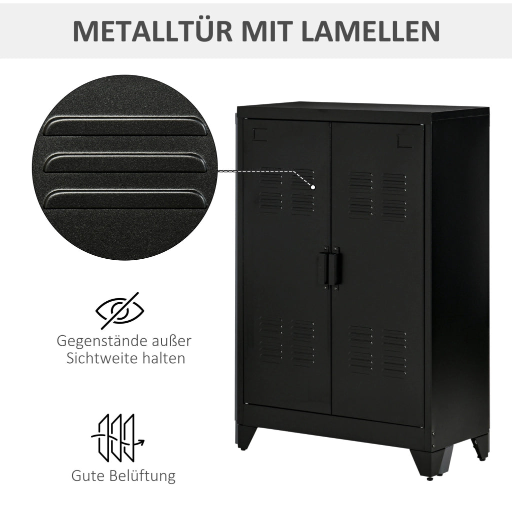 Armadio contenitore in metallo nero con ante a lamelle e 2 ripiani regolabili; 75x33x110 cm