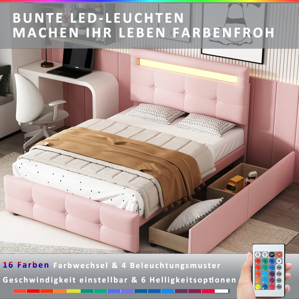 Letto con cassetti 90 × 200 cm con LED e testiera regolabile imbottito in legno rosa
