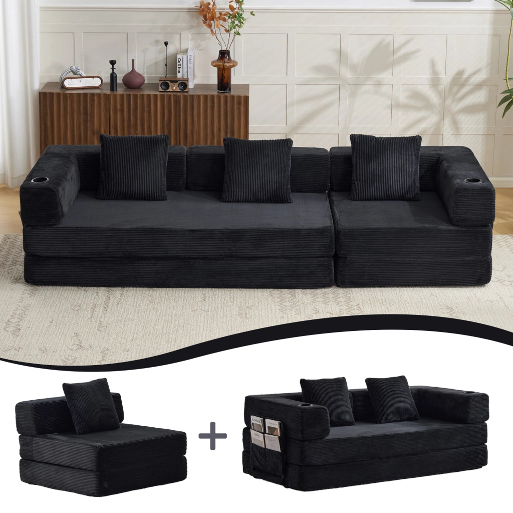 DIVANO LETTO Pieghevole 277,5x92,5x60 cm Velluto a coste Nero
