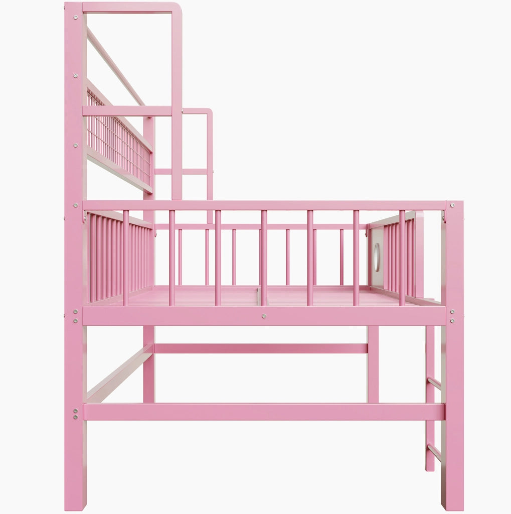 Letto a castello basso per bambini 90x200 cm in metallo con spazio contenitivo, rosa