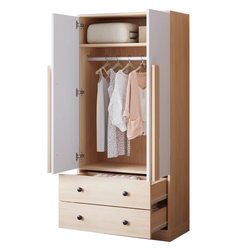 Armadio 70x40x170 cm, design a doppie ante, con cassetti e ripiani, colore legno e bianco