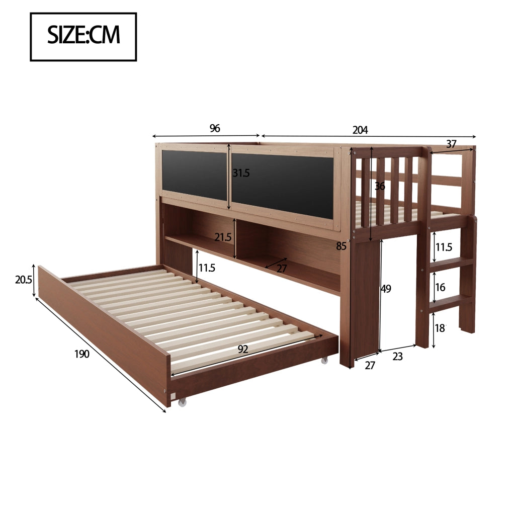 Letto a soppalco bambino 90×200 cm estraibile con lavagna; ripiani e scaletta; senza materasso; legno; marrone
