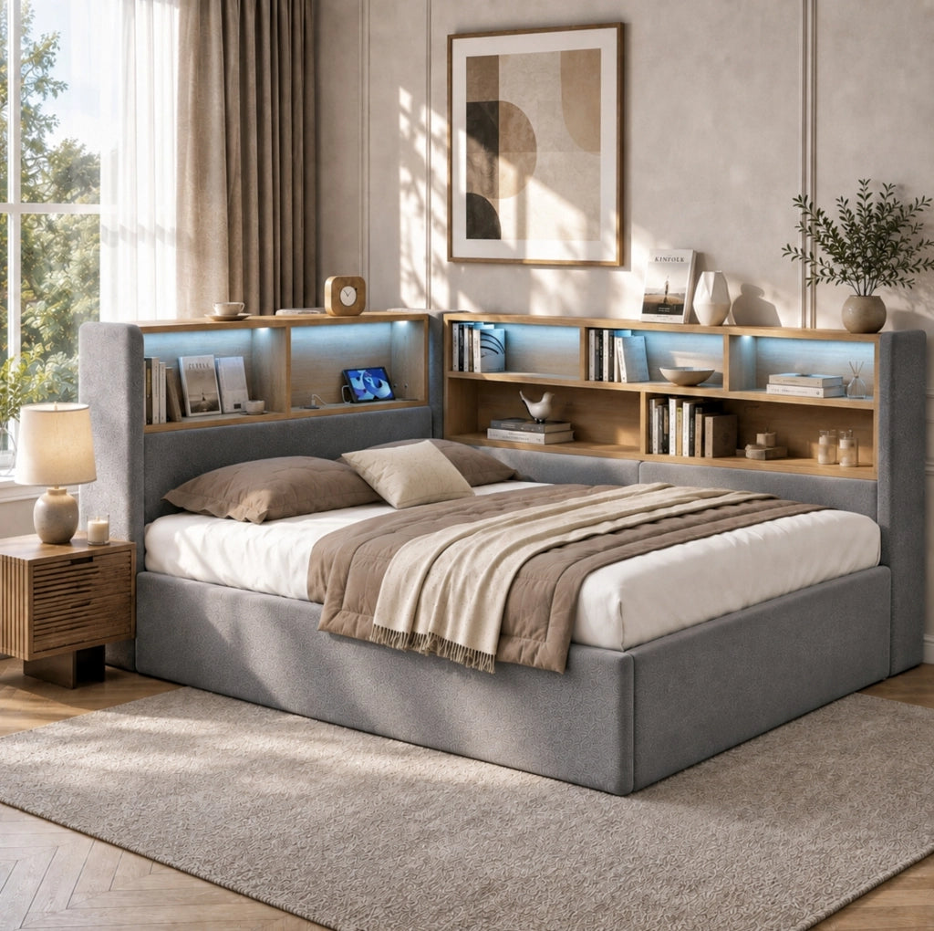 Letto imbottito con contenitore idraulico; LED e porte USB/Type-C in velluto grigio HOMVRA