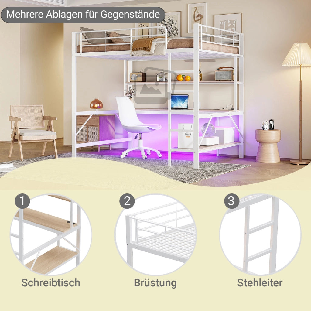 Letto a Soppalco 140x200 cm in metallo con Scrivania; LED; USB-C; Ripiani Bianco