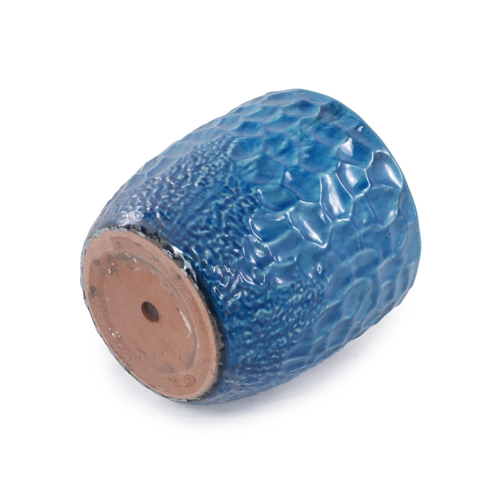 Vaso in ceramica artigianale ø38 cm, blu lucido con rilievo martellato e foro di drenaggio, resistente al gelo
