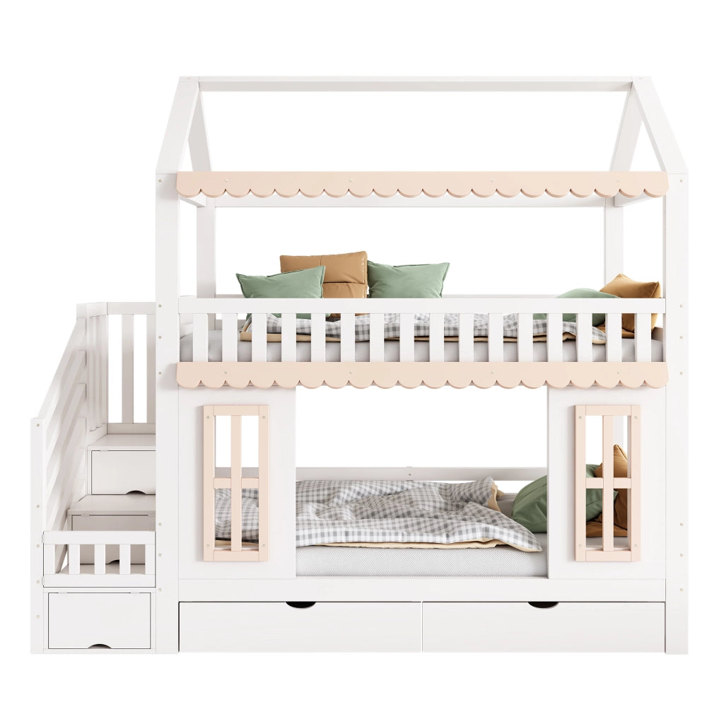 Letto a castello a casetta 90x200 cm con 2 cassetti e scala contenitore; bianco e naturale