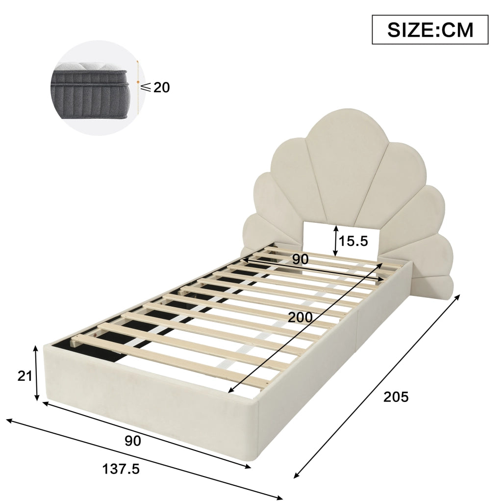 Letto singolo imbottito in velluto beige 90x200 cm con testiera a petali curvati