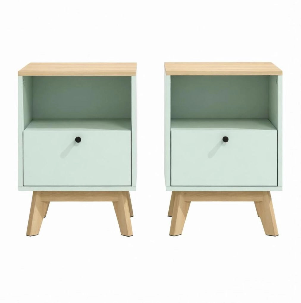 Set di 2 comodini con cassetto e vano aperto; 40 x 40 x 55 cm; MDF verde chiaro