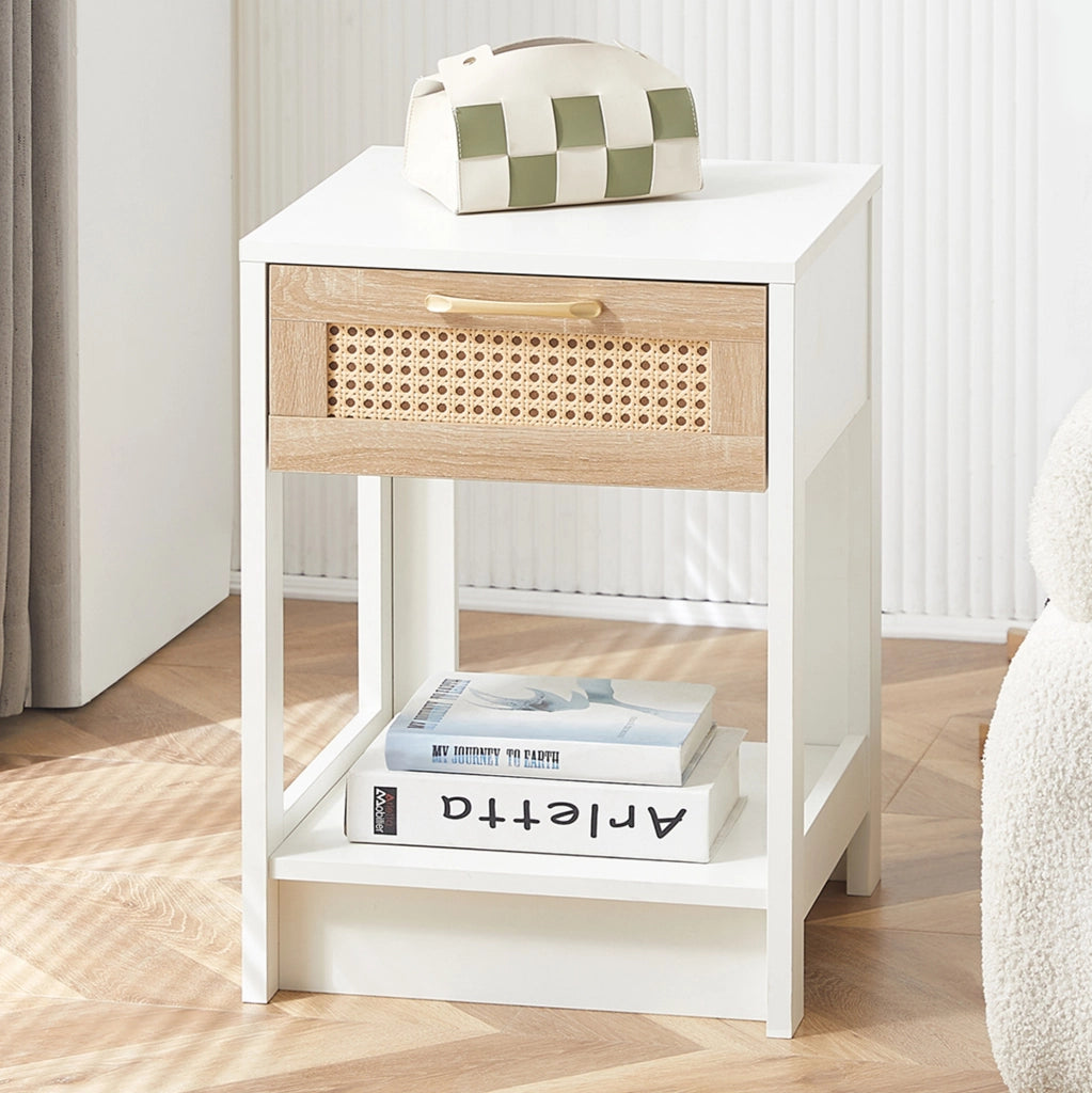 Comodino in rattan con cassetto, bianco, 55x40x40 cm, design moderno per camera e soggiorno