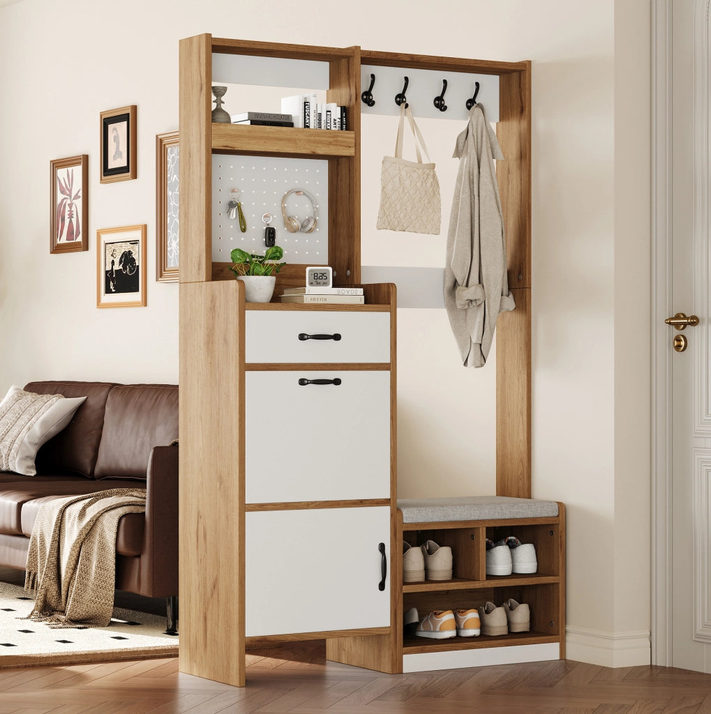 Guardaroba moderno per ingresso con scarpiera, panca imbottita, appendiabiti, cassetto, anta, vano a ribalta e ripiani aperti, rovere/bianco, 108,5 x 35 x 180 cm