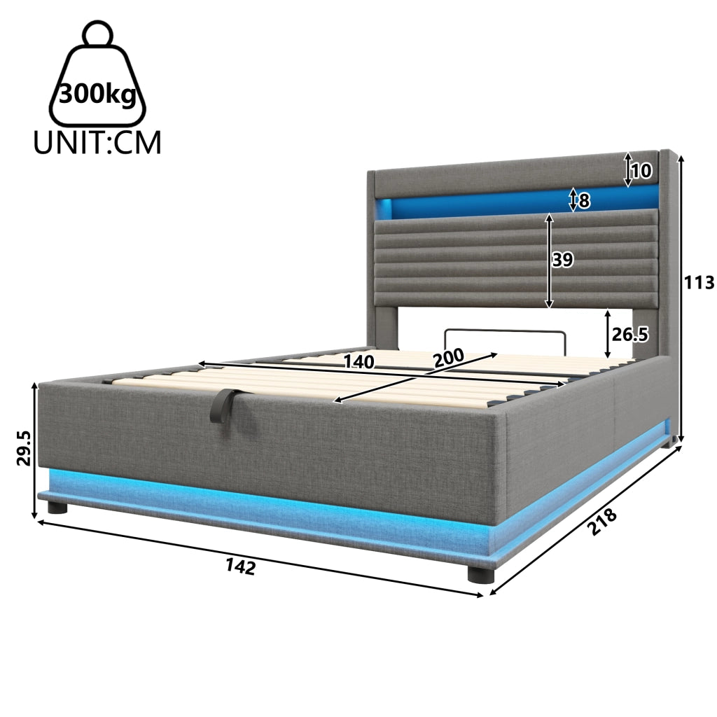 Letto matrimoniale 140×200 cm 2 posti con contenitore idraulico; LED regolabile; USB e Type-C; senza materasso; grigio