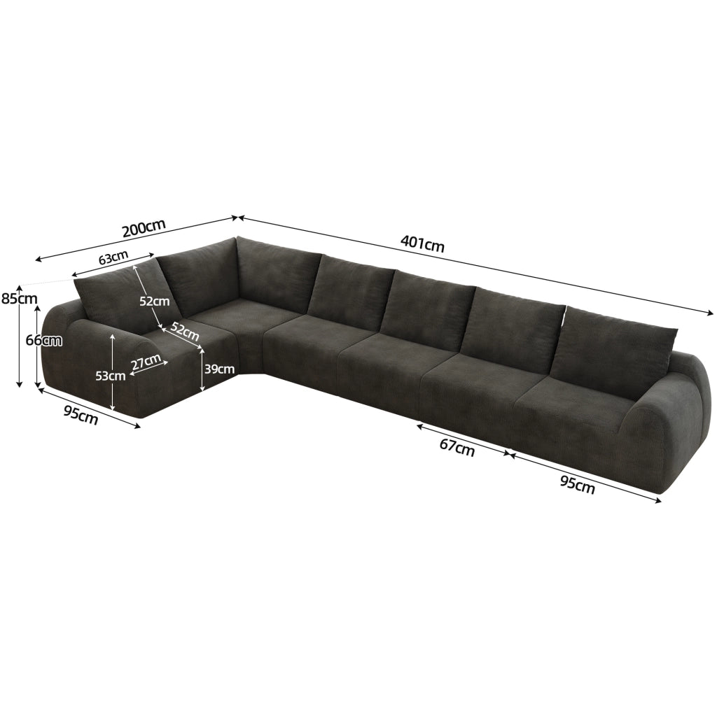 Divano 401x200x85 cm in tessuto chenille; imbottitura in schiuma elastica; grigio scuro