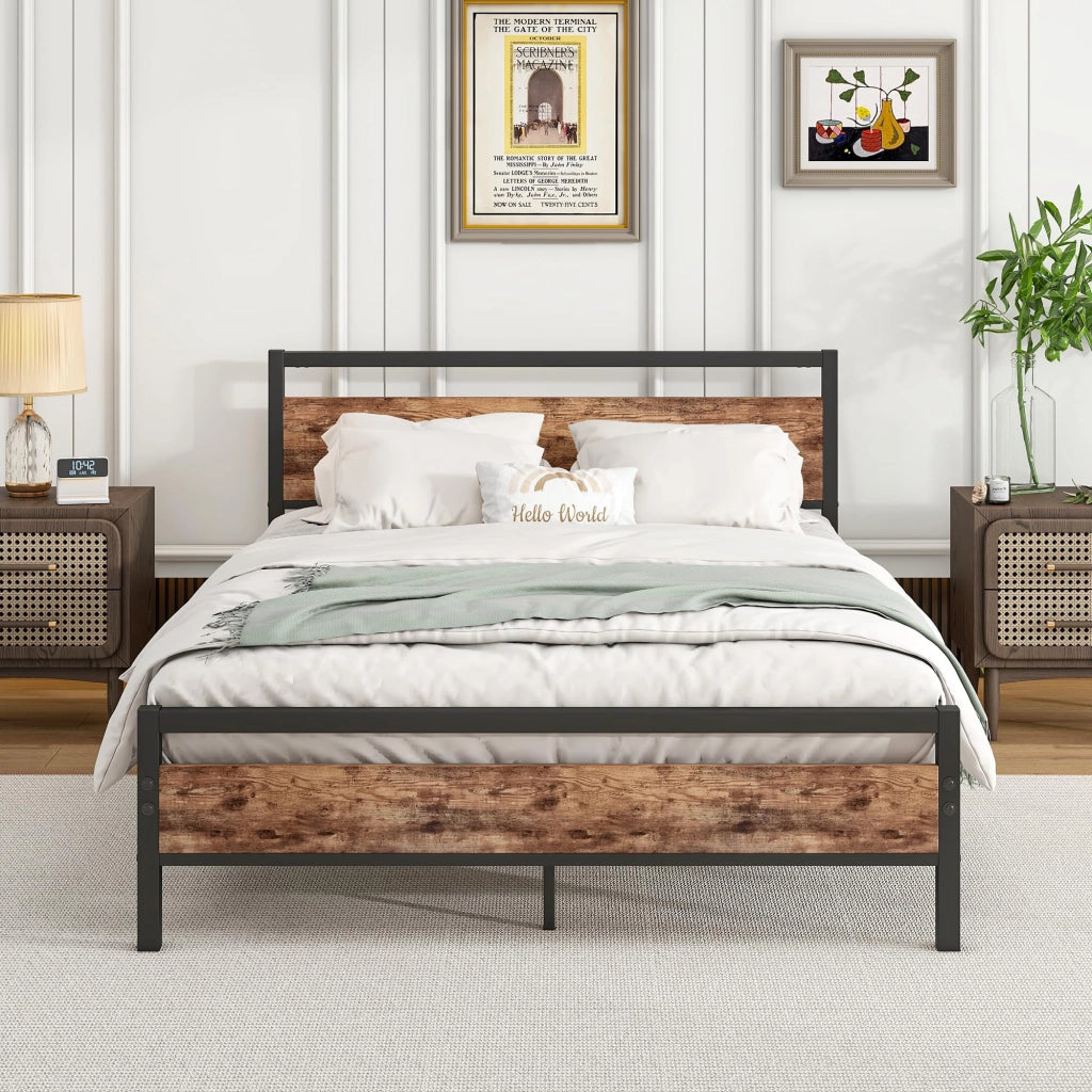 Letto 140 × 200 cm con rete a doghe in acciaio struttura in metallo e MDF marrone antico portata 450 kg
