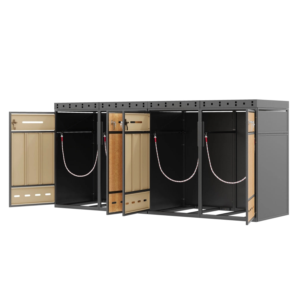 Contenitore per bidoni rifiuti 4 scomparti con copertura per piante, acciaio laminato a freddo, finitura effetto legno, capacità 120-240 L