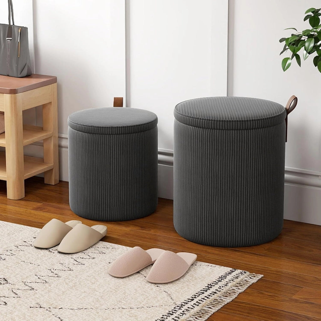 Set di 2 Pouf Contenitore in Velluto, Pouf Rotondi Imbottiti da 40L + 25L, Sgabelli con Contenitore per Soggiorno, Camera da Letto, Portata 150 kg (Grigio)