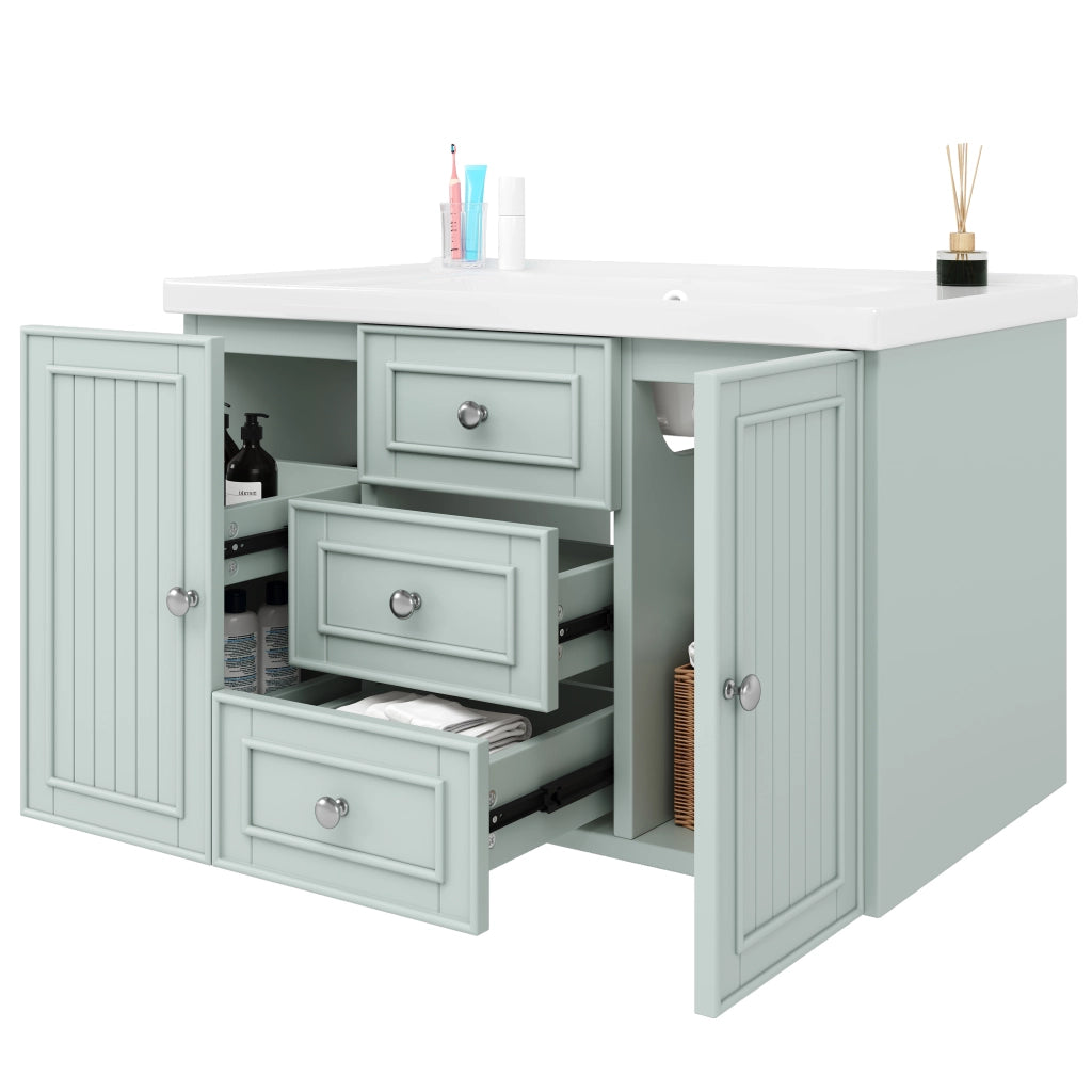 Mobiletto con lavabo sospeso in MDF verde con lavabo in ceramica e vano laterale 78.5 × 46 × 46.8 cm