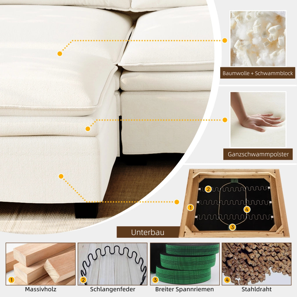 Divano modulare 4 posti - con ricarica wireless; luci e contenitore - chenille - beige
