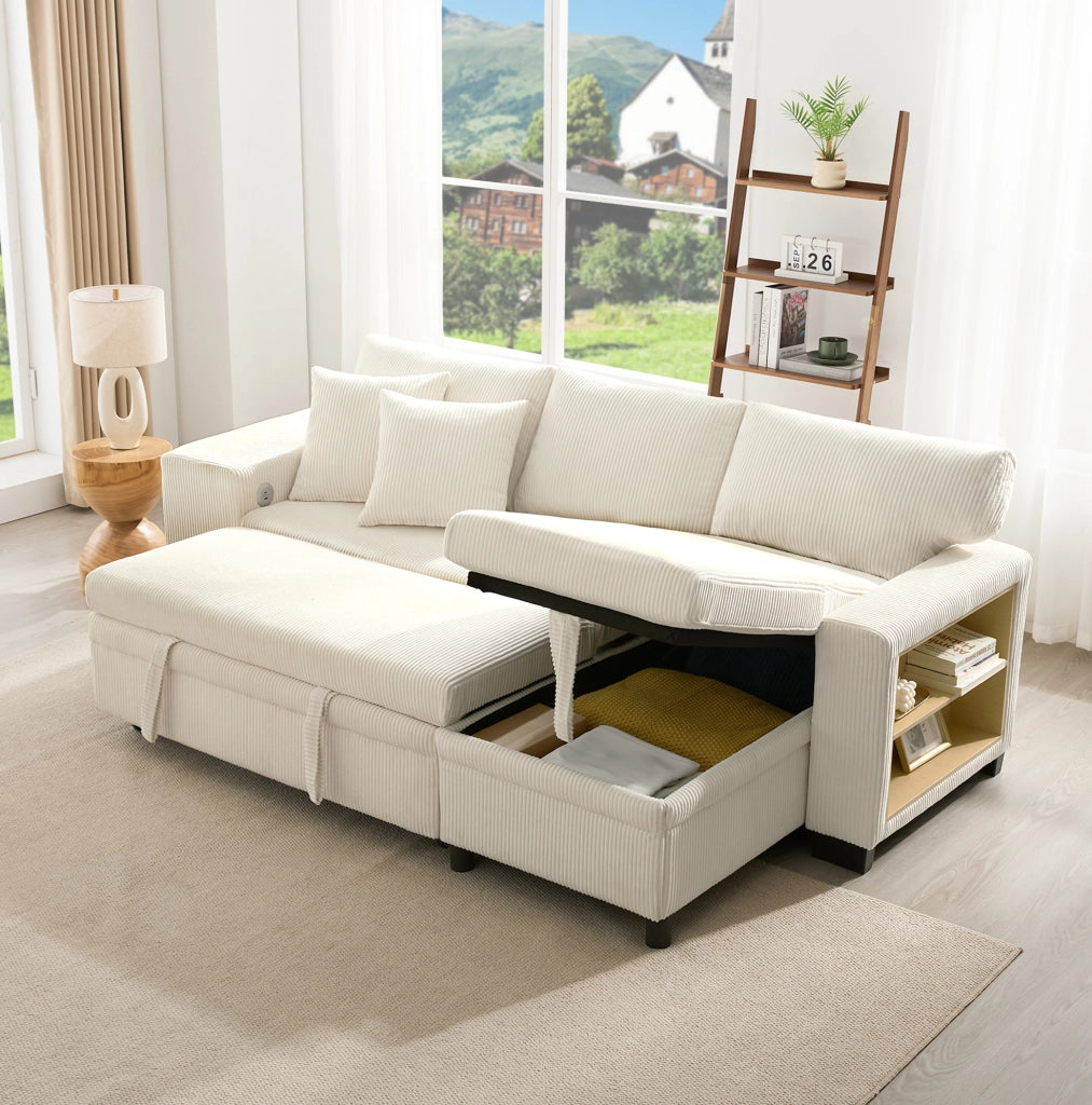 Divano letto angolare 231x131;5 cm con contenitore; USB e USB-C in velluto a coste beige