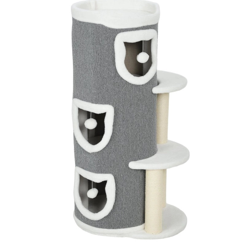 Albero tiragraffi per gatti 101 cm grigio 3 livelli con 3 cucce, giochi e tiragraffi