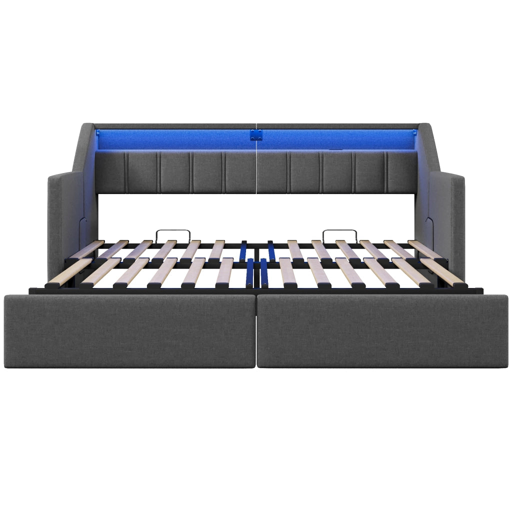 Letto estraibile 90x200 cm con USB, USB-C, LED, 2 cassetti e tasche in lino grigio