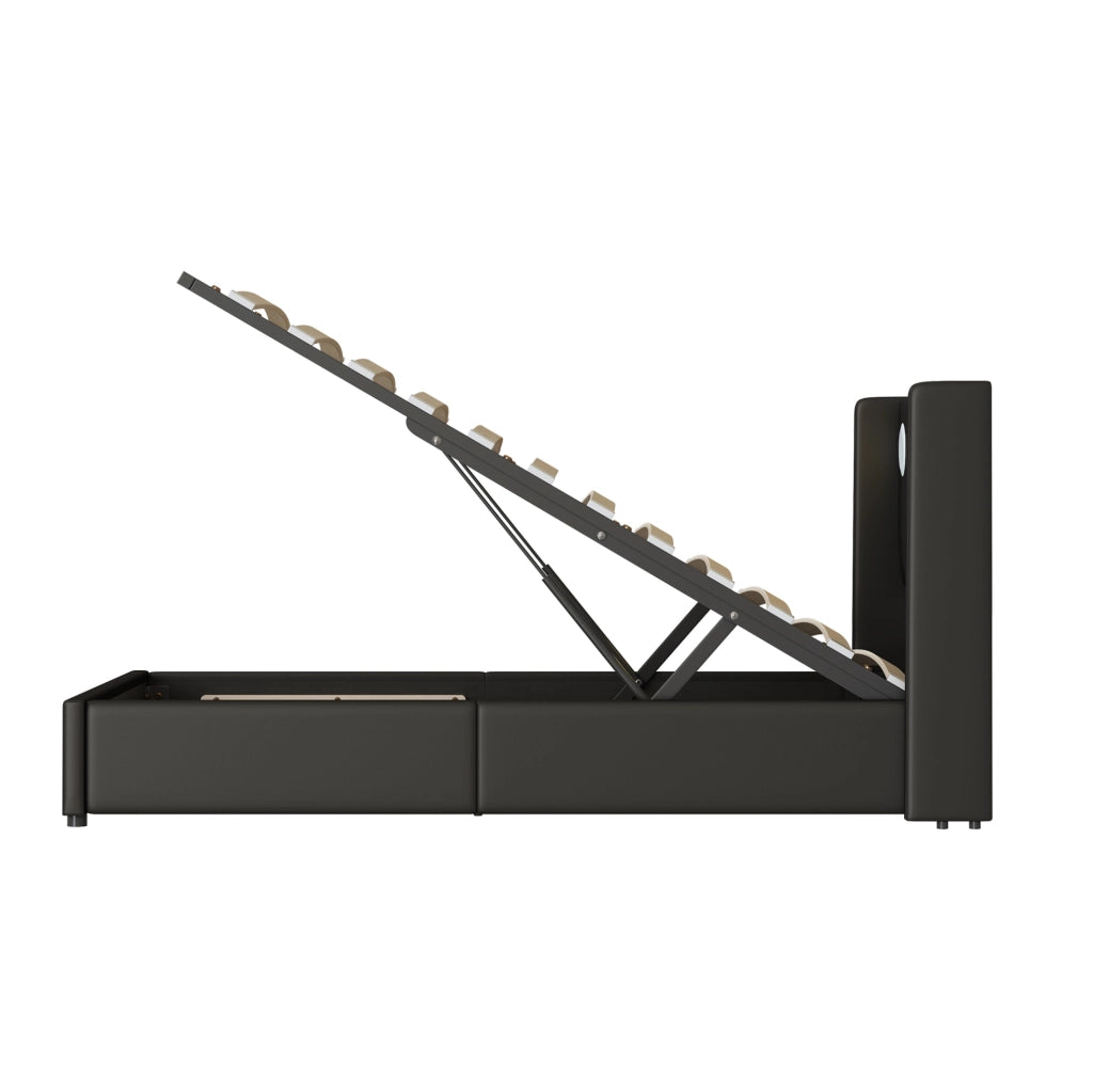 Letto imbottito ULEVR 90x200 cm con contenitore idraulico, LED, Bluetooth e 2 porte USB, nero