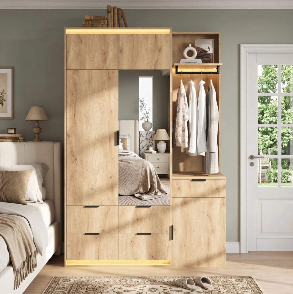Set guardaroba con armadio 135x47x200 cm in MDF effetto quercia con LED integrati, specchio, 5 cassetti e 2 tubi appendiabiti, colore antracite