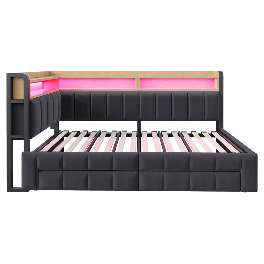 Letto estraibile 2 posti con 2 cassetti; LED regolabile; USB; Type-C e vani 90 × 200/180 × 200 cm