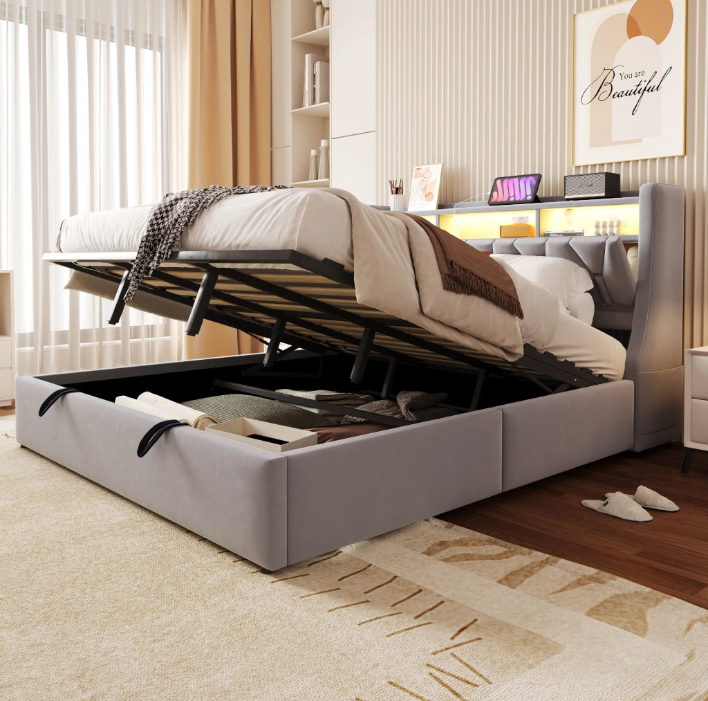 Polsterbett 180x200 cm con contenitore; testiera ribaltabile; LED; USB e USB-C; velluto grigio chiaro